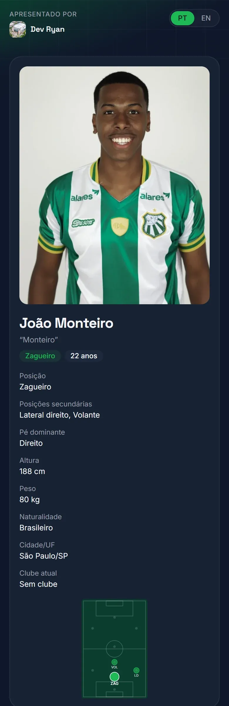 Link do atleta João Monteiro aberto no celular, como o clube recebe: foto, posição, idade e medidas