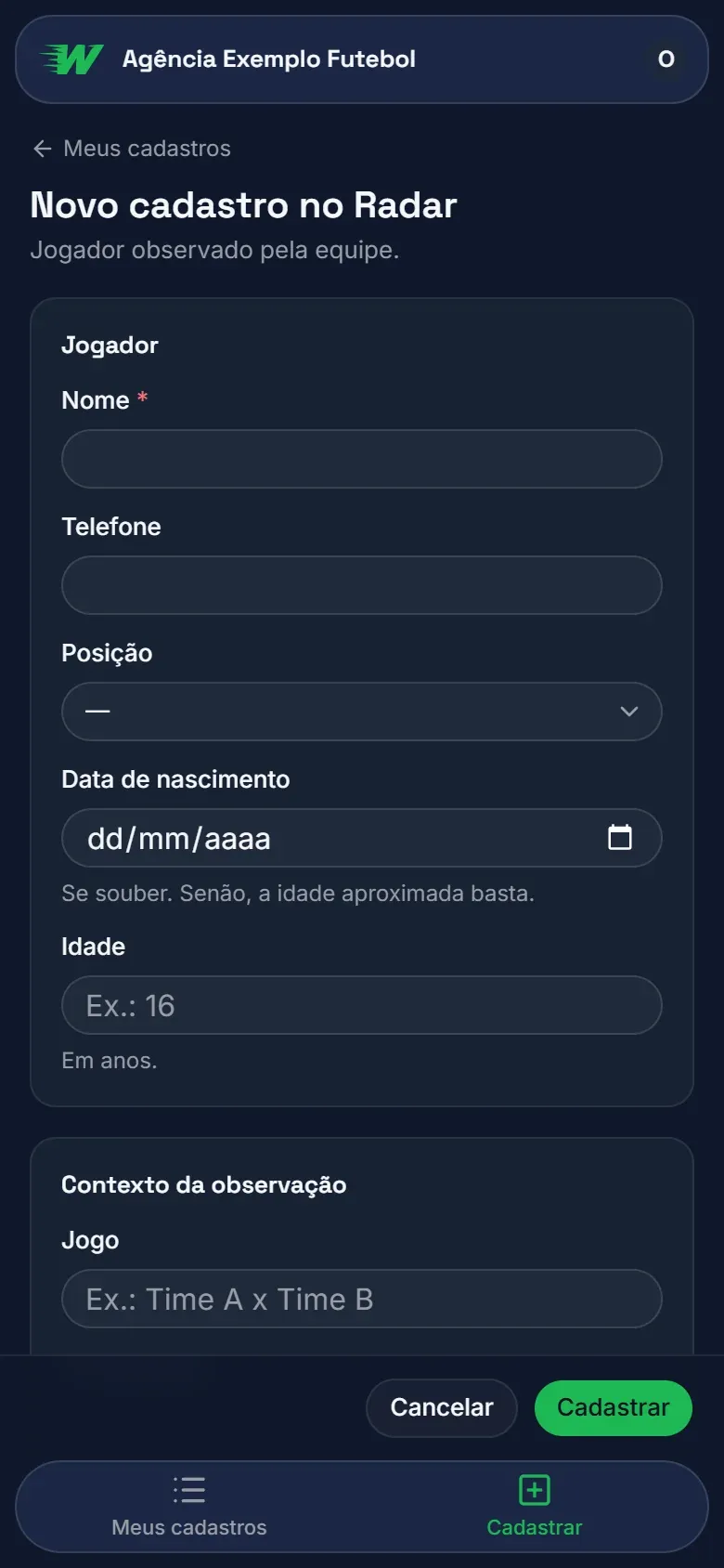 Cadastro no radar pelo celular do olheiro, com nome, telefone, posição e idade do jogador